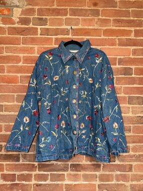 dressbarn Embroidered Jean Jacket in Blue with Floral Accents